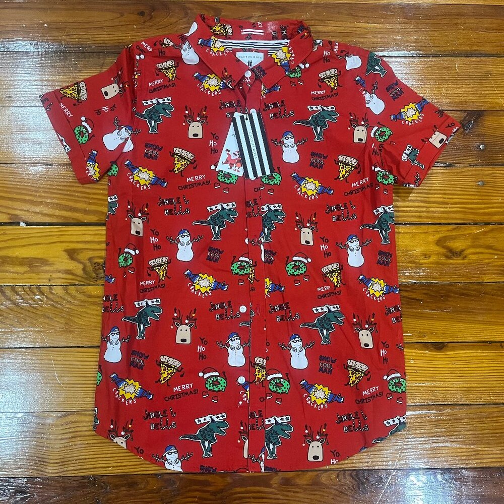 Cactus Boys Short Sleeve Button Up Shirt X-Mas Dino Pizza Boy Size 13/14 NWT